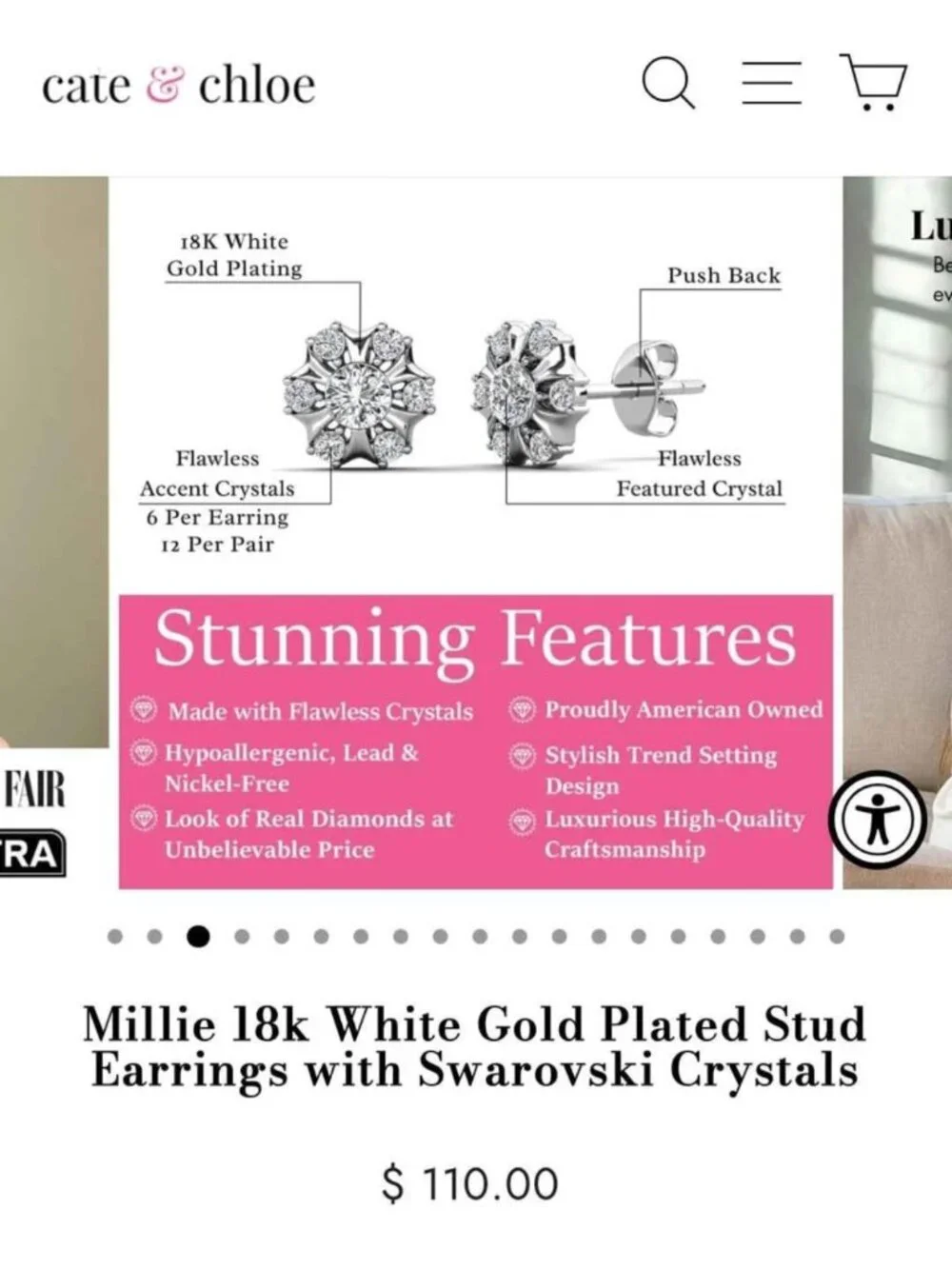 NEW Cate and Chloe 18k White Gold Plated Stud Earrings